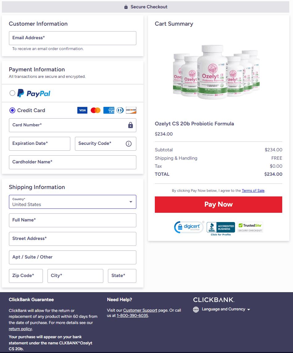 OZELYT Checkout page
